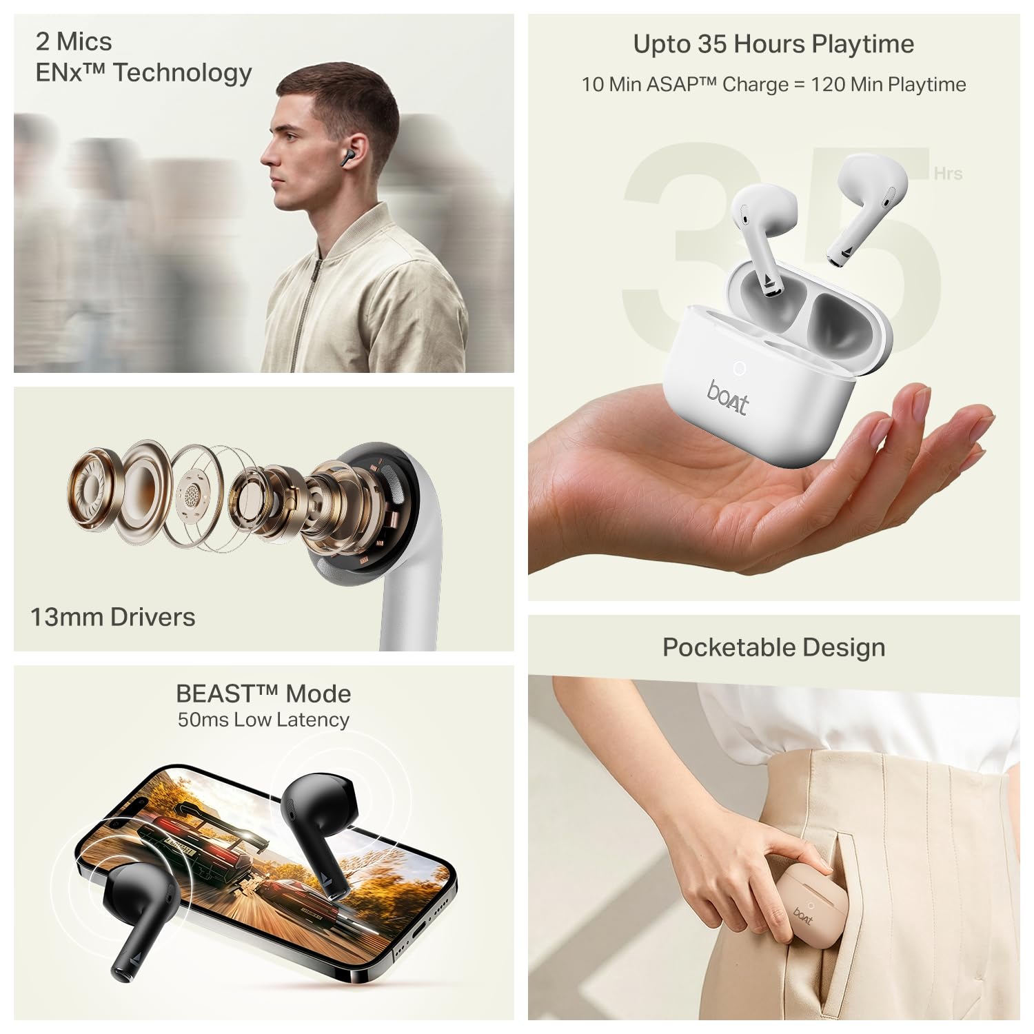 Boat Airdopes Joy v2 w/Up to 35H Battery, Pocketable Design, ASAP™ Charge, 13mm Drivers, Easy Touch Controls, ENx™ Tech, Beast™ Mode, IWP™ & App Support TWS Bluetooth Earbuds with mic (Eclipse Black) - Image 4
